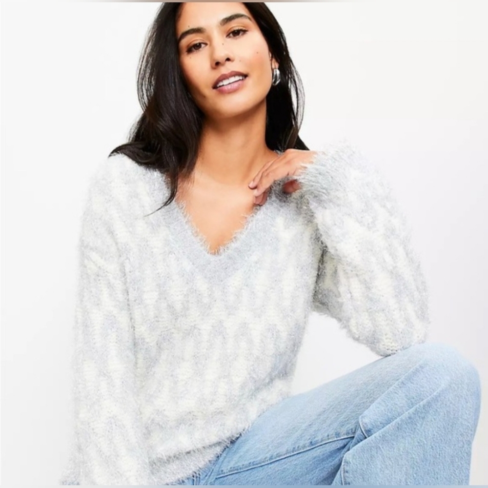 LOFT Women's V-Neck Sweater in Fuzzy Gray and Cream
